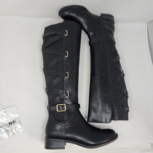 Thalia Sodi Riding Boots Womens 5 Black Veronika Faux Leather Zip Buckle Strap - Picture 4 of 10